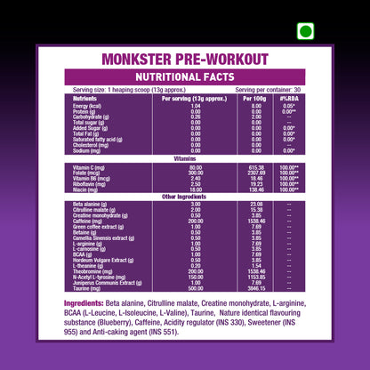 Monkster Pre-Workout - 300 Gram (30 Servings)(BlueBerry)